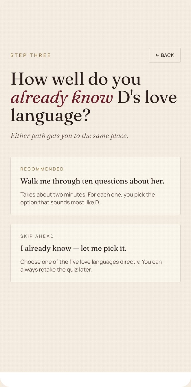 Onboarding step asking how well you already know your partner's love language